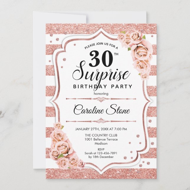 Invitation Surprise 30e anniversaire - Rose Gold White Rose (Devant)