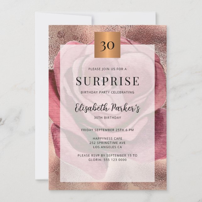 Invitation Surprise 30e anniversaire rose parties scintillant (Devant)