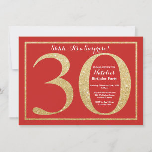 Invitation Surprise 30e Anniversaire Rouge et Or Paillettes