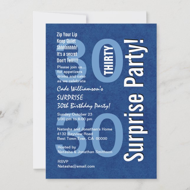 Invitation SURPRISE 30e anniversaire Royal Blue Grunge modern (Devant)