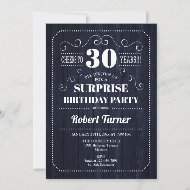 Invitation Surprise 30e anniversaire - Rustic Navy Wood (Devant)