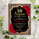 Invitation Surprise 30e anniversaire - Rustic Wood Red Roses<br><div class="desc">Invitation surprise 30e anniversaire. Feminine rustique noir,  blanc,  rouge design avec fausse parties scintillant or. Motif en bois,  roses rouges,  police de caractères et confettis. Parfait pour une soirée d'anniversaire élégante. Peut être personnalisé pour montrer n'importe quel âge. Message-moi si vous avez besoin d'une personnalisation plus poussée.</div>