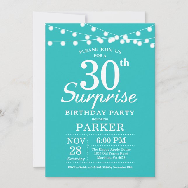 Invitation Surprise 30e Anniversaire Sarcelle Aqua Turquoise (Devant)