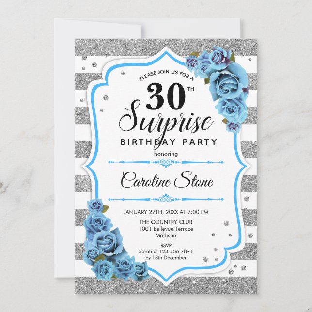 Invitation Surprise 30e anniversaire - Silver White Aqua Blue (Devant)