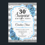 Invitation Surprise 30e anniversaire - Silver White Aqua Blue<br><div class="desc">Invitation surprise 30e anniversaire. Blanc féminin, bleu turquoise aqua design avec fausse parties scintillant argent. Comprend des rayures, des roses bleus, des caractères de script et des confettis. Parfait pour une soirée d'anniversaire élégante. Peut être personnalisé pour montrer n'importe quel âge. Message-moi si vous avez besoin d'une personnalisation plus poussée....</div>
