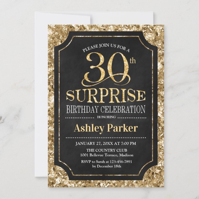 Invitation Surprise 30e fête d'anniversaire - Gold Black (Devant)