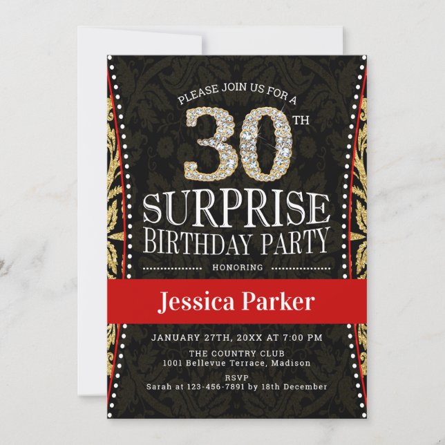 Invitation Surprise 30e fête d'anniversaire - Gold Black Red (Devant)