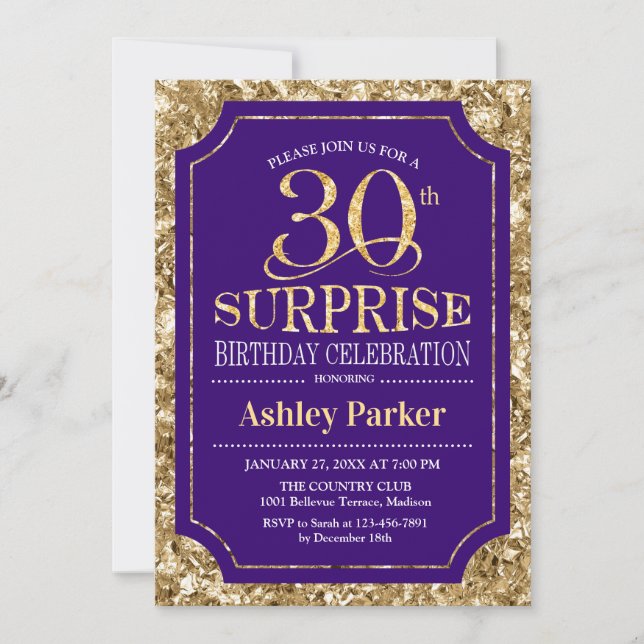 Invitation Surprise 30e fête d'anniversaire - Gold Purple (Devant)