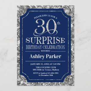 Invitation Surprise 30e fête d'anniversaire - Silver Navy Blu