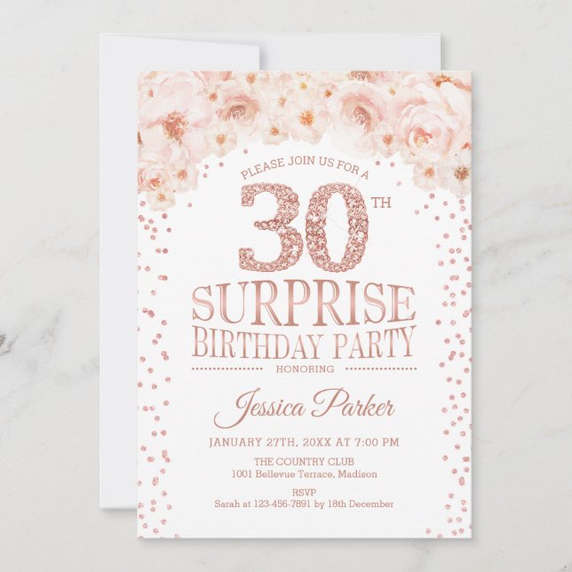 Invitation Surprise 30e fête d'anniversaire - White Rose Gold (Devant)