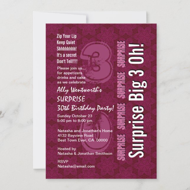 Invitation SURPRISE 30e Maroon d'anniversaire moderne Big 3 O (Devant)