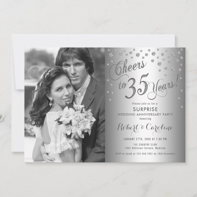 Invitation Surprise 35e anniversaire avec photo - Argent (Devant)
