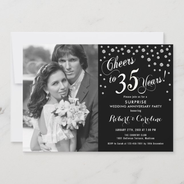 Invitation Surprise 35e anniversaire avec photo argent noir (Devant)