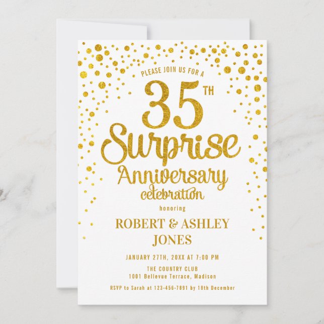 Invitation Surprise 35e anniversaire de mariage - Or et blanc (Devant)