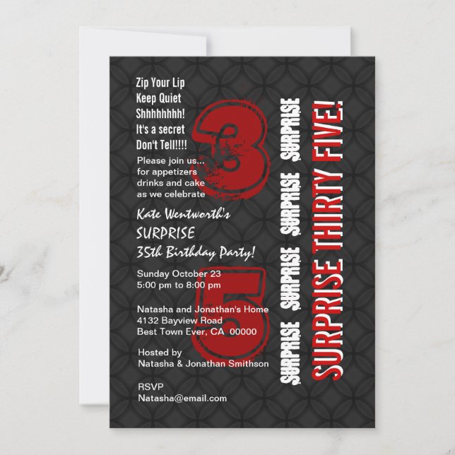 Invitation SURPRISE 35e anniversaire moderne Red Black White  (Devant)