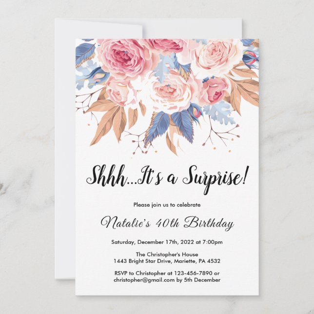 Invitation Surprise 40e anniversaire Aquarelle Botanique Flor (Devant)