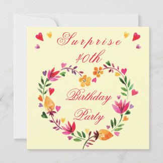 Invitation Surprise 40e anniversaire aquarelle Coeur floral