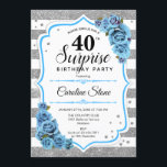 Invitation Surprise 40e anniversaire - Argent Blanc Bleu<br><div class="desc">Invitation surprise 40e anniversaire. Blanc féminin, bleu turquoise aqua design avec fausse parties scintillant argent. Comprend des rayures, des roses bleu clair, des caractères de script et des confettis. Parfait pour une soirée d'anniversaire élégante. Peut être personnalisé pour montrer n'importe quel âge. Message-moi si vous avez besoin d'une personnalisation plus...</div>
