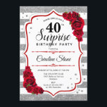 Invitation Surprise 40e anniversaire - Argent Blanc Rouge<br><div class="desc">Invitation surprise 40e anniversaire. Blanc féminin,  design rouge avec fausse parties scintillant argent. Comprend des rayures,  des roses rouges,  des caractères de script et des confettis. Parfait pour une soirée d'anniversaire élégante. Peut être personnalisé pour montrer n'importe quel âge. Message-moi si vous avez besoin d'une personnalisation plus poussée.</div>