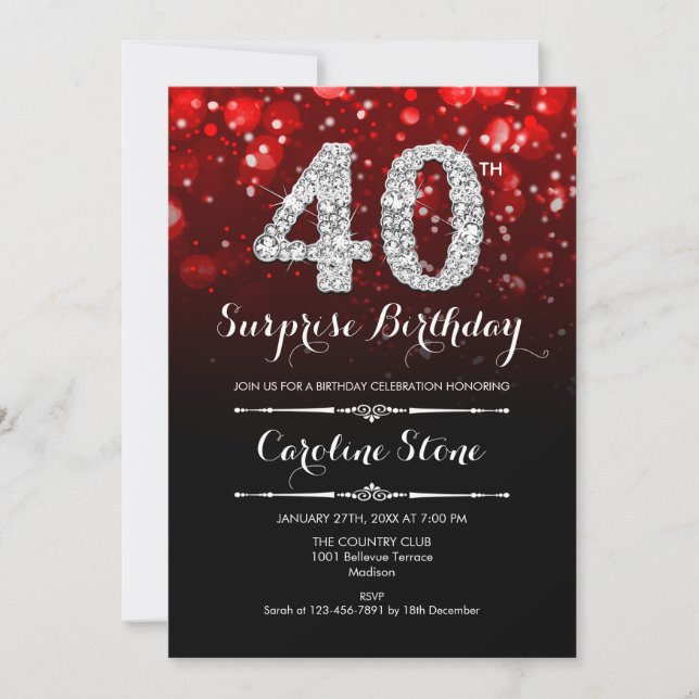 Invitation Surprise 40e anniversaire - Argent rouge noir (Devant)