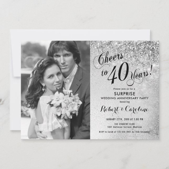 Invitation Surprise 40e anniversaire avec photo - Argent (Devant)