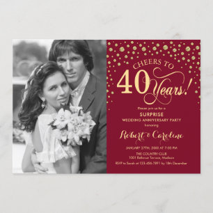 Invitation Surprise 40e anniversaire avec Photo Red Gold