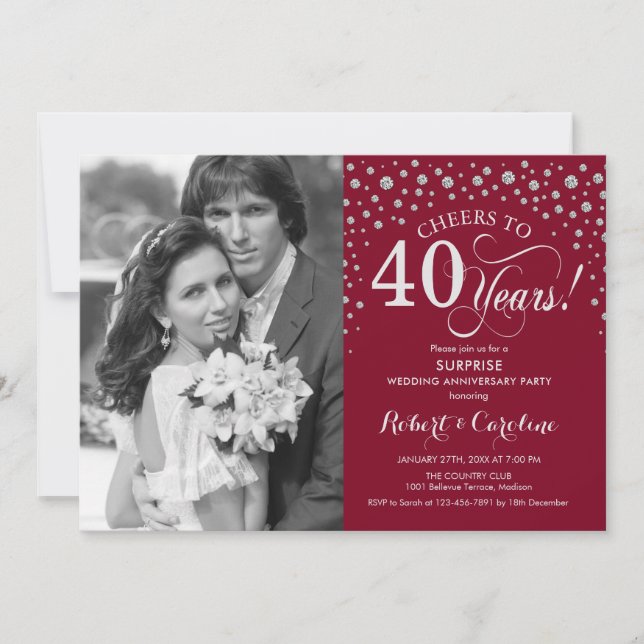 Invitation Surprise 40e anniversaire avec Photo Red Silver (Devant)