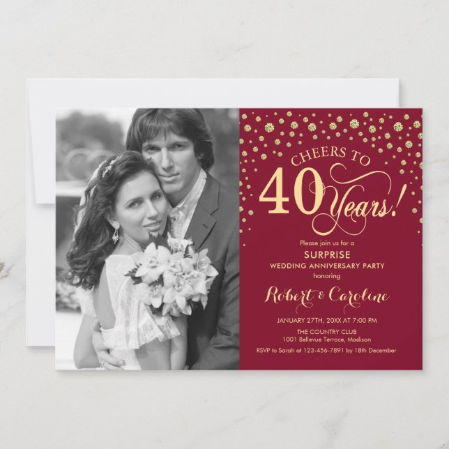 Invitation Surprise 40e anniversaire avec photo rouge or (Devant)