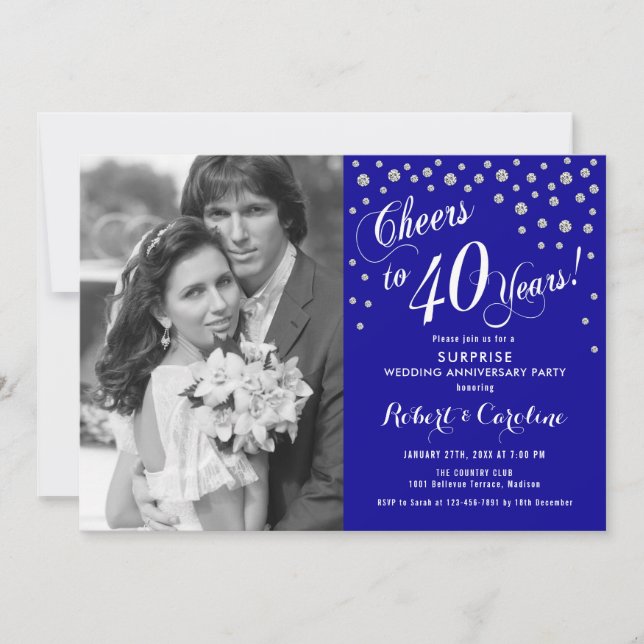 Invitation Surprise 40e anniversaire avec photo - Silver Blue (Devant)