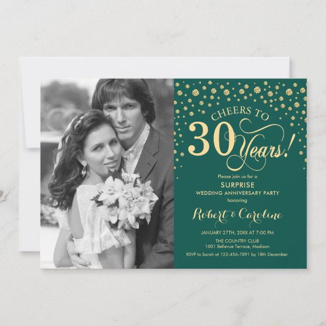 Invitation Surprise 40e anniversaire avec photo vert or (Devant)