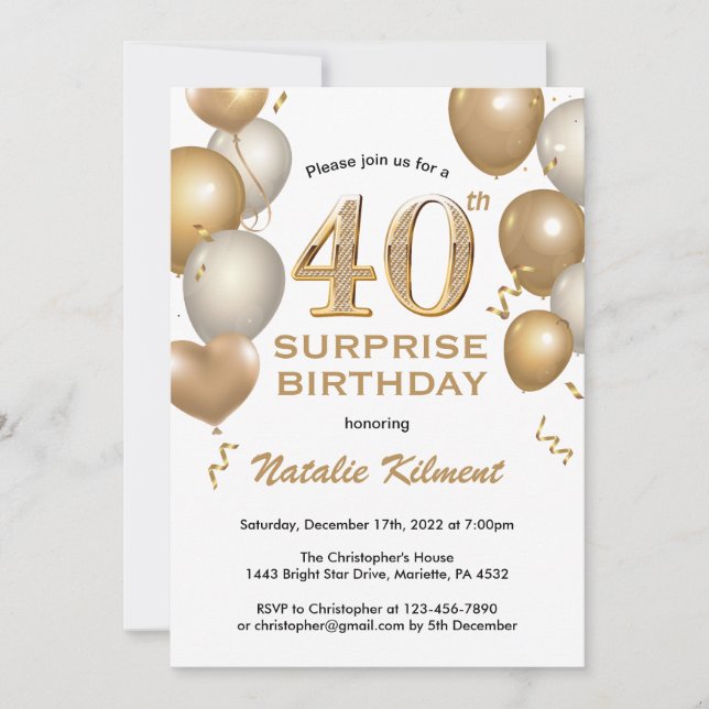 Invitation Surprise 40e anniversaire Ballons blanc et or (Devant)