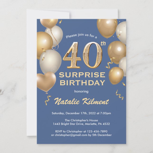 Invitation Surprise 40e anniversaire Ballons bleu et or (Devant)