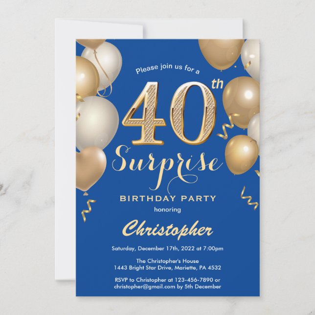 Invitation Surprise 40e Anniversaire Ballons Bleus et Dorés (Devant)