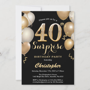 Invitation Surprise 40e anniversaire Ballons Noir et Or
