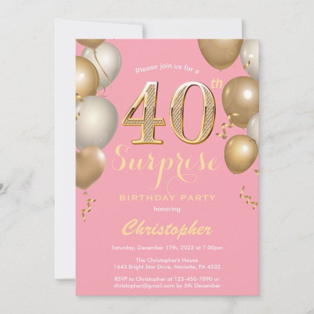 Invitation Surprise 40e anniversaire Ballons rose et or (Devant)