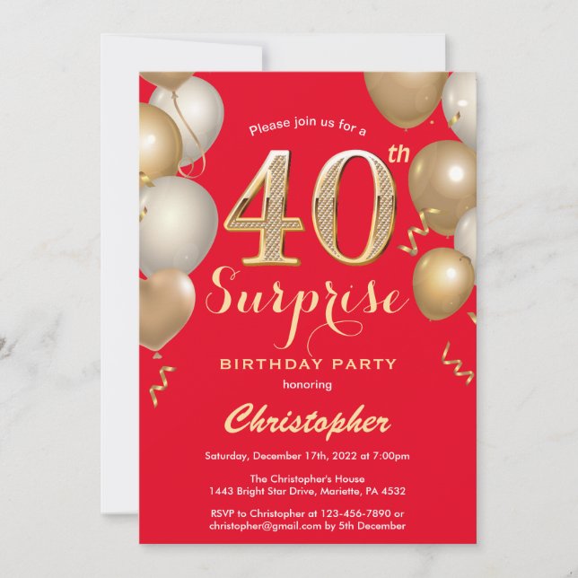 Invitation Surprise 40e anniversaire Ballons rouge et or (Devant)