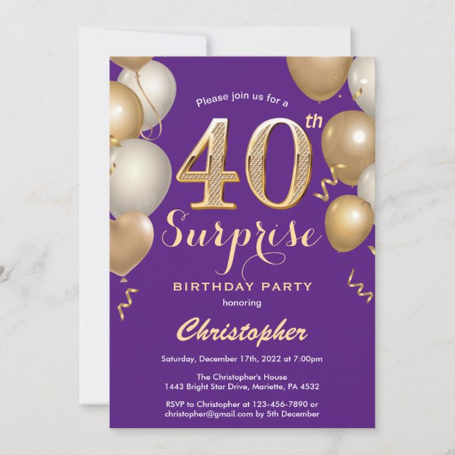 Invitation Surprise 40e anniversaire Ballons violet et or (Devant)
