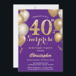 Invitation Surprise 40e anniversaire Ballons violet et or<br><div class="desc">Surprise 40e anniversaire violet et or ballons Confetti Invitation. Pour plus de personnalisation,  cliquez sur le bouton "Customiser" et utilisez notre outil de conception pour modifier ce modèle.</div>
