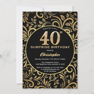 Invitation Surprise 40e anniversaire Black and Gold Floral