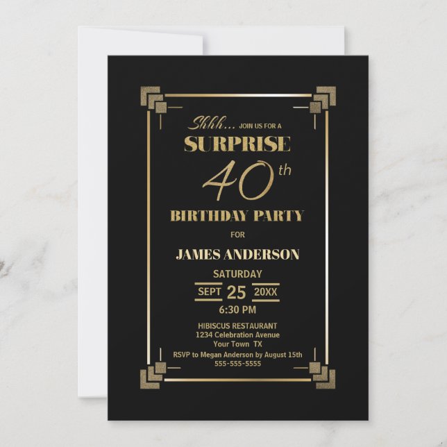 Invitation Surprise 40e anniversaire Black and Gold Party (Devant)