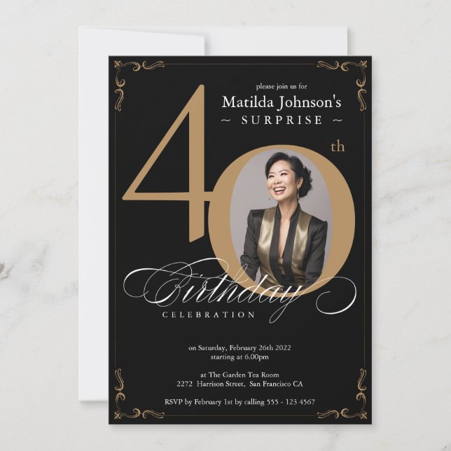 Invitation Surprise 40e anniversaire Black Gold Elegant Custo (Devant)