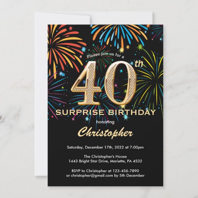 Invitation Surprise 40e anniversaire Black Gold Rainbow Firew (Devant)