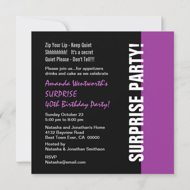 Invitation SURPRISE 40e anniversaire Black Purple W1466 (Devant)