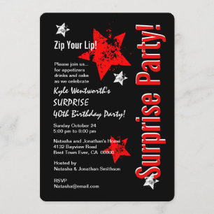 Invitation SURPRISE 40e anniversaire Black Red Grunge Stars 3