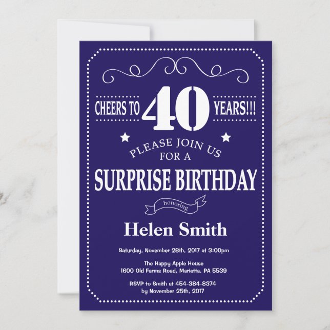 Invitation Surprise 40e Anniversaire Bleu Marine et Blanc (Devant)