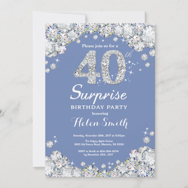Invitation Surprise 40e anniversaire Blue Silver Diamond (Devant)