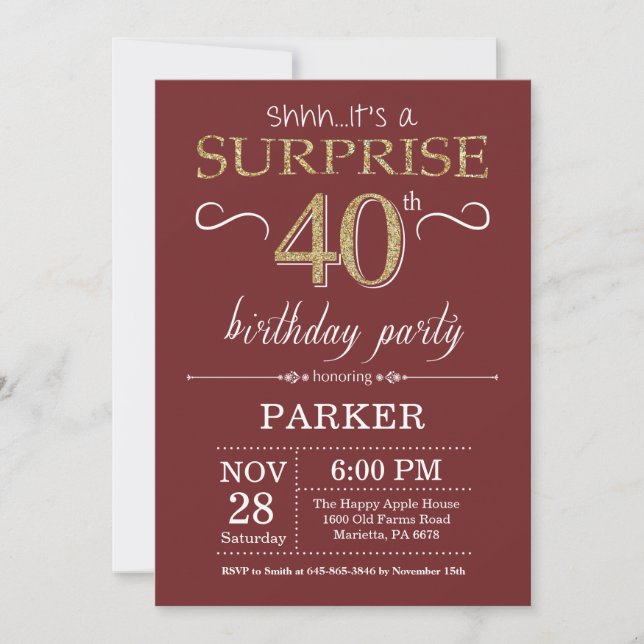 Invitation Surprise 40e anniversaire Bourgogne et Parties sci (Devant)