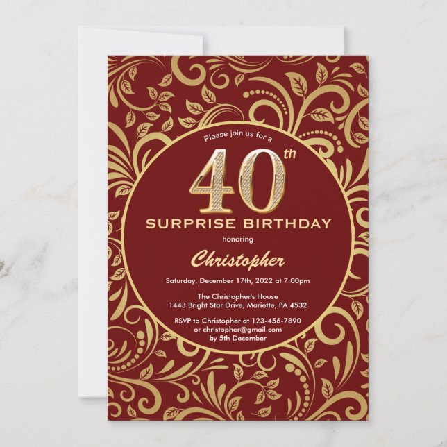 Invitation Surprise 40e anniversaire Bourgogne Rouge & Or Flo (Devant)