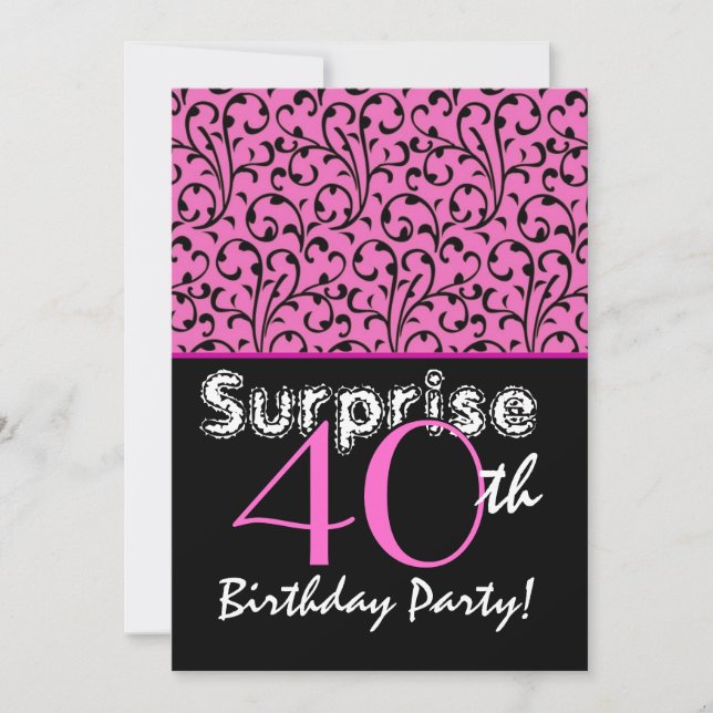 Invitation SURPRISE 40e anniversaire Bright Pink Black Swirls (Devant)
