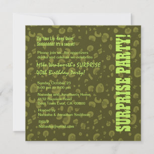 Invitation SURPRISE 40e anniversaire Camo Confetti vert